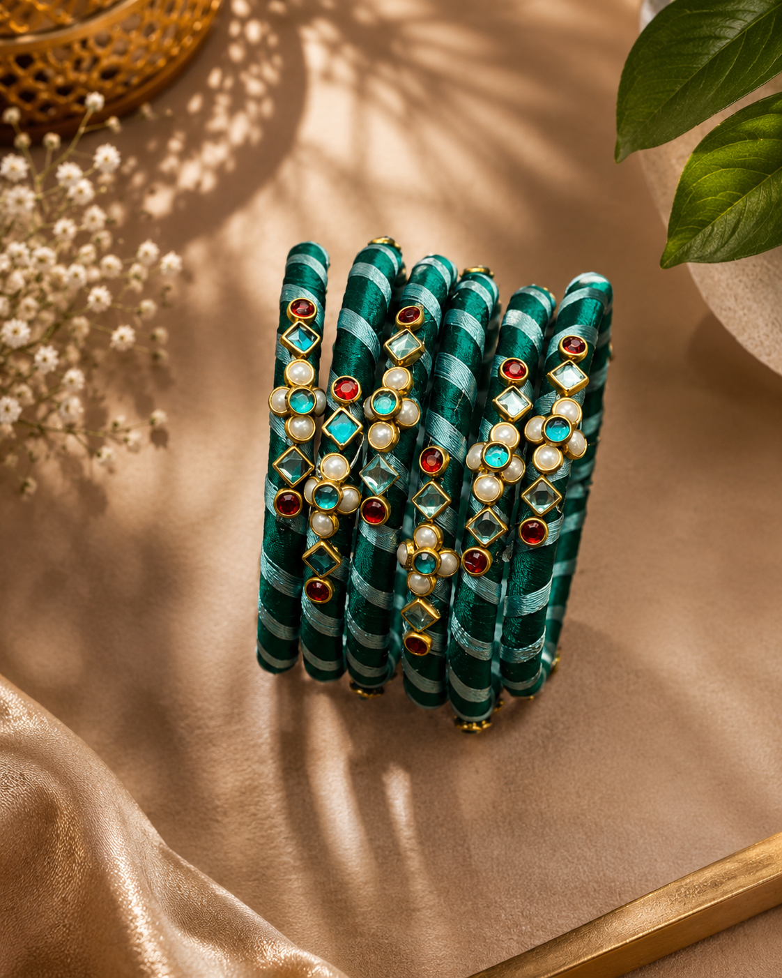 blue and peacock green silk thread bangles