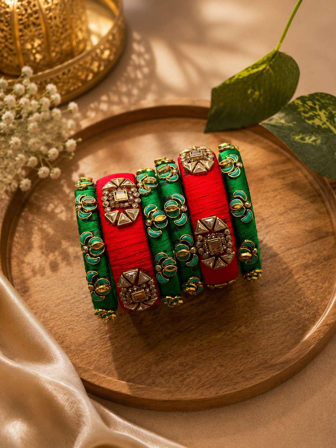 green and red silk thread bangles